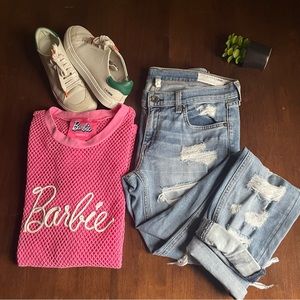 Forever 21 Pink & White Barbie Netted Mesh Sheer Short Sleeve Crew Neck Tee Med